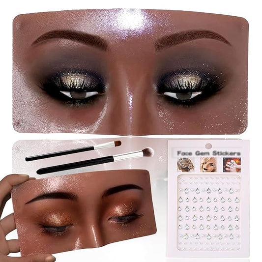 Silicone Makeup Mannequin Face, Makeup Practice Face Board for Makeup Artist Supplies, Mannequin Face for Makeup Practice with Makeup Brushes Rhinestones Sticker(Black)-Velvo Beauty