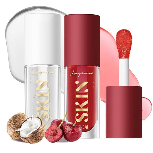 2Pack Big Brush Head Hydrating Lip Glow Oil Plumping Lip Tint, Hydrating Lip Gloss Tinted Lip Balm Transparent Lip Care, Long Lasting Nourishing Non-sticky Fresh Texture (Cherry+Coco)-Velvo Beauty