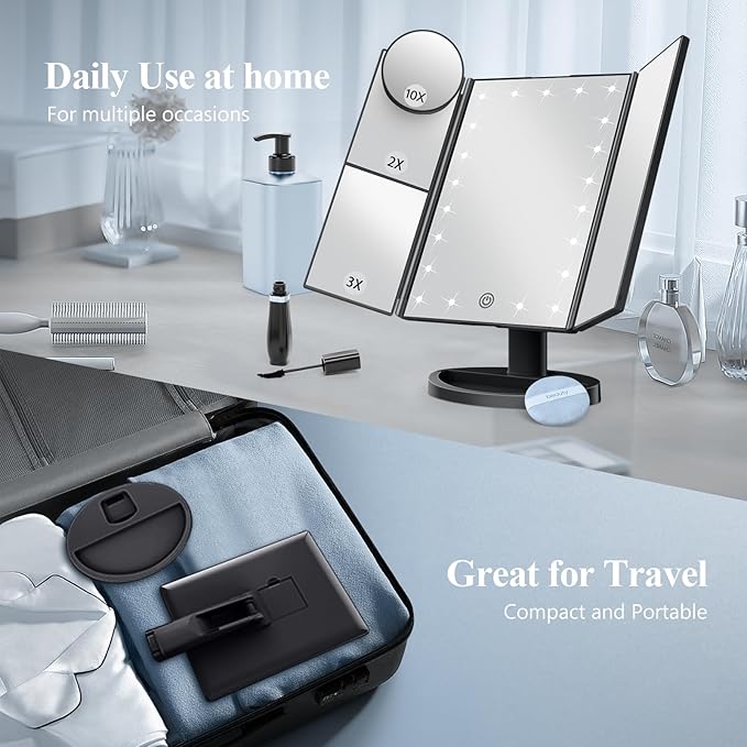 HUONUL Makeup Mirror Vanity with Lights, 2X 3X 10X Magnification, Lighted Mirror, Touch Control, Trifold Dual Power Supply, Portable LED Women Gift (Black)-Velvo Beauty