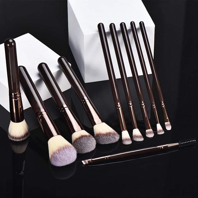 10 Piece Black brown Makeup Brushes and 10 Piece Makeup Sponge – Wooden Handle,with Soft Synthetic Bristles,|Professional Makeup Brushes set for Women & Girls|-Velvo Beauty