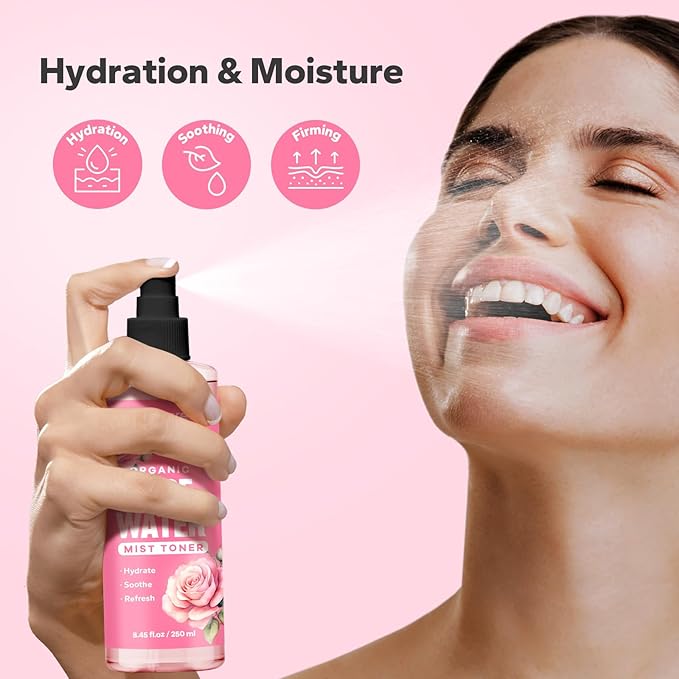 Organic Rose Water Spray (8.45 Fl Oz), Rosewater Spray for Face & Hair, Rose Water for Skin Care-Velvo Beauty