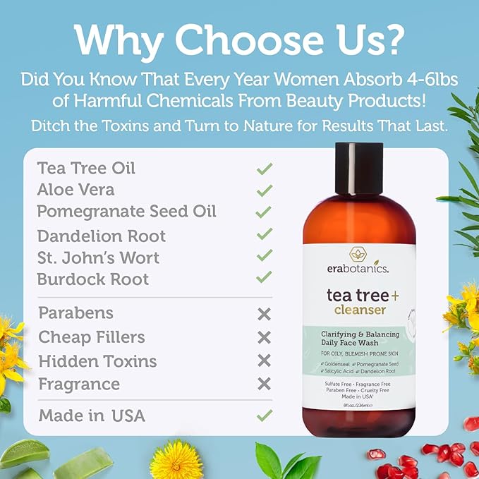 Era Organics Purifying Tea Tree Oil Face Wash - Balancing Cleanser for Oily, Blemish-Prone Skin with Salicylic Acid - Sulfate-Free, Fragrance Free, Made in USA-Velvo Beauty