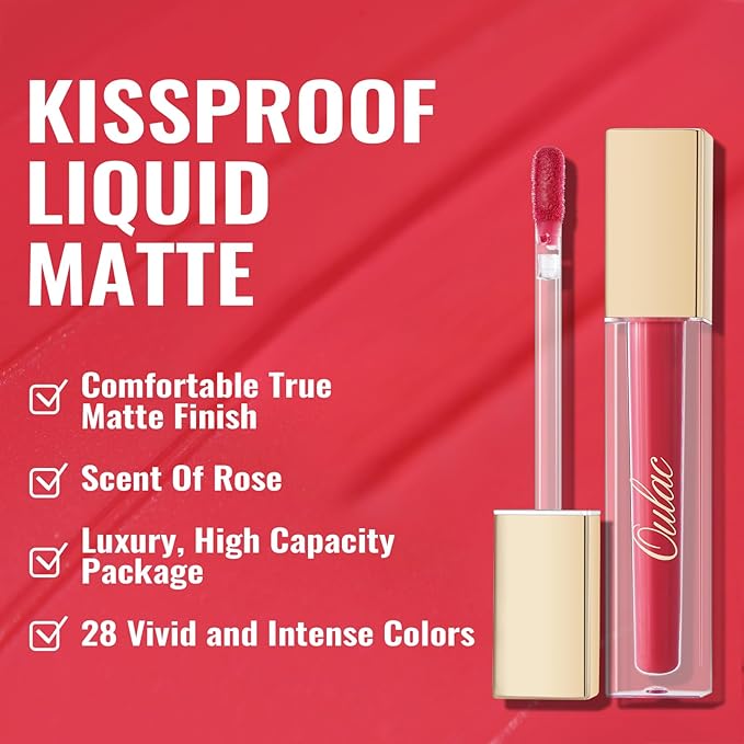 Oulac Matte Liquid Red Lipstick for Women, Long Lasting Lipstick Waterproof Lip Stain, No Transfer, Creamy High Pigmented Formula with Rose Oil, Vegan & Cruelty-Free, Light Red M08-Velvo Beauty