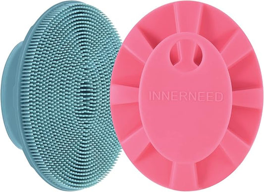INNERNEED Silicone Face Scrubber, Exfoliating Brush Manual Handheld Facial Cleansing Brush Blackhead Remover, Food-Grade Soft Bristles (Dark Green+Pink)-Velvo Beauty