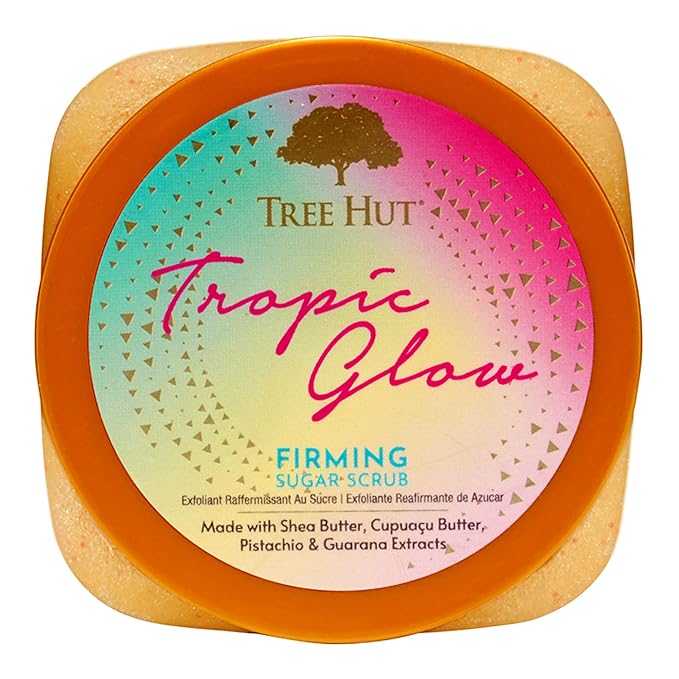 Tree Hut Tropic Glow Shea Sugar Scrub, Exfoliates and Smooths for Soft, Radiant Glow, Warm Scent with Almond, Golden Amber, and Sandalwood, 18 oz-Velvo Beauty