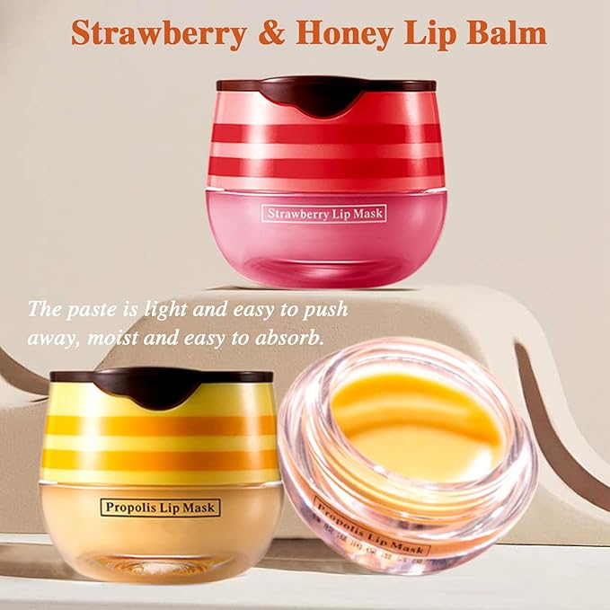 Honey Lip Balm Pot, 4 PCS Honey & Strawberry Lip Sleeping Mask Hydrating Propolis Lip Balm with Stick, Prevention Dry and Cracked Lip Scrubs Reduces Lip Wrink (2 Honey+2 Strawberry)-Velvo Beauty