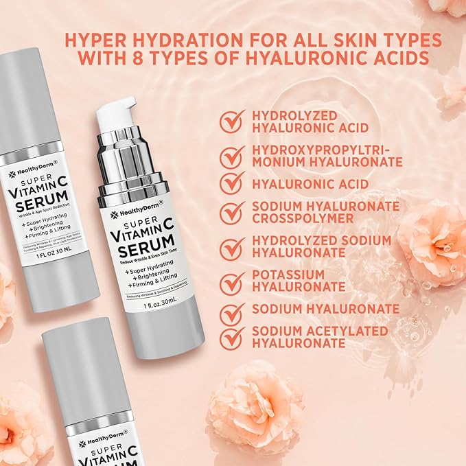 Super Vitamin C Serum for Women Over 70: Niacinamide, Vitamin C, Hyaluronic Acid, Peptides, Vitamin E, Caffeine, Bakuchiol, Hydrating, Lifting, Wrinkle & Age Spots Reduction Pack of 3-Velvo Beauty