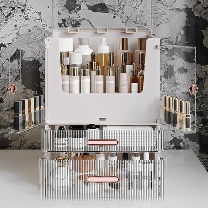 Acrylic Makeup Organizer with Drawers – 38.5CM Large Capacity Cosmetic Storage Box, Dustproof & Waterproof Vanity Organizer for Skincare, Jewelry, Lipsticks & Beauty Products (White)-Velvo Beauty