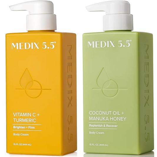 Medix 5.5 Brightening Vitamin C Cream + Coconut Oil Moisturizer Skin Care Set | Body Cream & Face Lotion Bundle | Firming Body Lotion Set For Women, Crepey Skin Treatment, Wrinkles, Cellulite, 2PC-Velvo Beauty