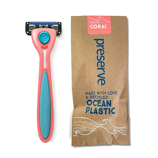 Preserve POPi Shave 5 Razor System Made with Recycled Ocean Plastic and 5-blade cartridge, Coral Pink, 1 Count-Velvo Beauty