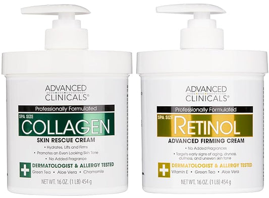Advanced Clinicals Retinol Body Lotion + Collagen Cream Fragrance Free Face Moisturizer & Body Cream 2pc Skincare Set For Women & Men Helps Reduce Appearance Of Crepey Skin, Wrinkles, & Dry Skin, 2pc-Velvo Beauty