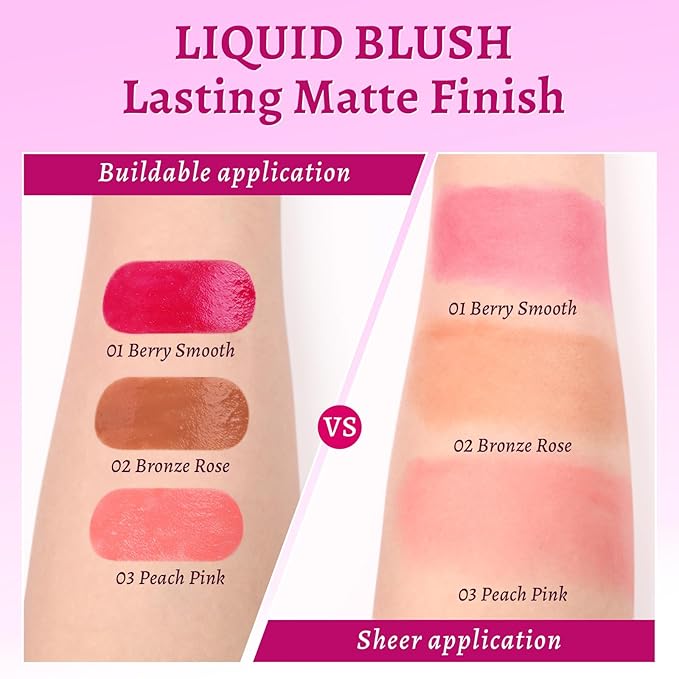UCANBE 3PCS Liquid Blush Set – Dewy Cream Blush Makeup for Cheeks – Lightweight Long Lasting Blendable Buildable Formula for Natural Flush(Berry Smooch, Bronze Rose, Peach Pink)-Velvo Beauty