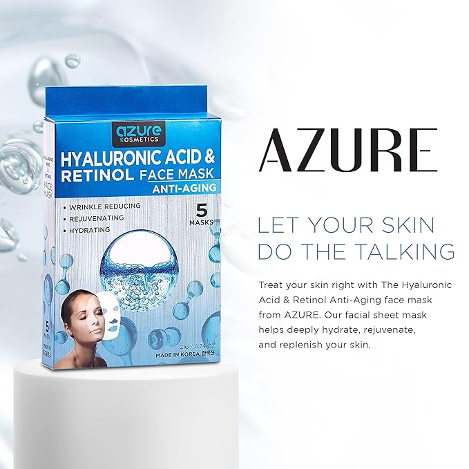 Azure Cosmetics Hyaluronic Acid & Retinol Face Mask - Dermatologist Tested - Rejuvenating & Hydrating Sheet Mask - Reduce Fine Lines & Wrinkles, Smooths & Repairs - Korean Skin Care - Pack of 5-Velvo Beauty