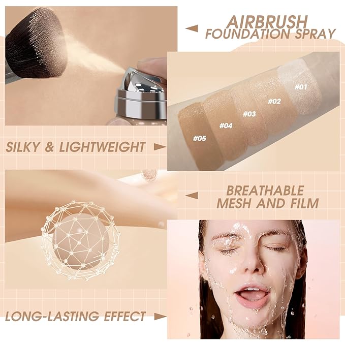 AirBrush Foundation Spray, Silky Mist Foundation Spray Makeup Set with Brush, Full Coverage Foundation for Smooth Radiant Finish, Formula Breathable Lightweight Hydrating | #02 Nude-Velvo Beauty