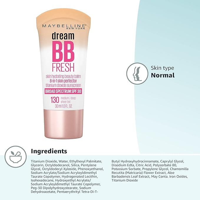 Maybelline Dream Fresh Skin Hydrating BB cream, 8-in-1 Skin Perfecting Beauty Balm with Broad Spectrum SPF 30, Sheer Tint Coverage, Oil-Free, Medium/Deep, 1 Fl Oz-Velvo Beauty