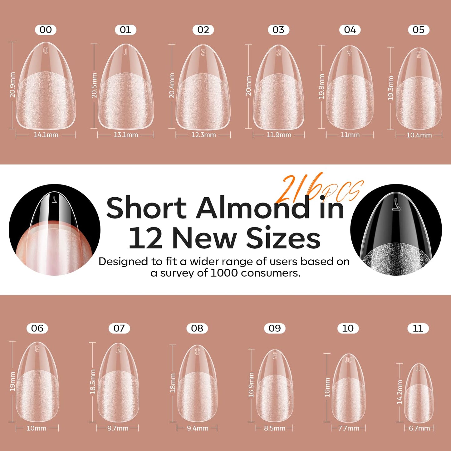 modelones Short Almond Gel Nail Tips Kit, 9-in-One Nail Glue with Portable U V Lamp 216Pcs 12Sizes Pre-Etched Press ons Fake Acrylic Extension Kit DIY Salon Gift for Women-Velvo Beauty