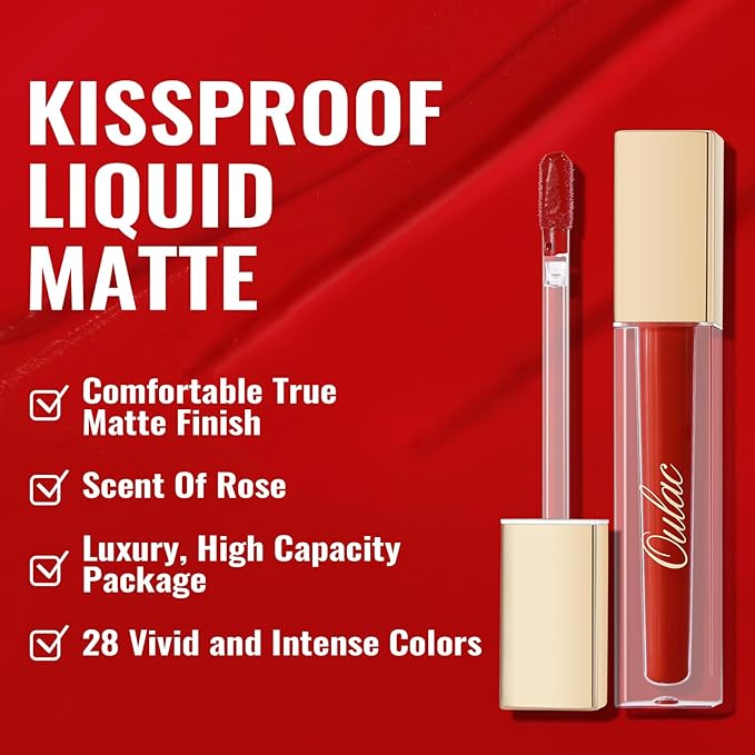 Oulac Matte Liquid Red Lipstick for Women, Deep Red Lip Gloss Creamy Matte Texture, Waterproof, Non-Stick Cup, Extra-Pigmented Lip Tint Stain with Vitamin E & Rose Oil, Vegan, Cruelty-Free, M01-Velvo Beauty