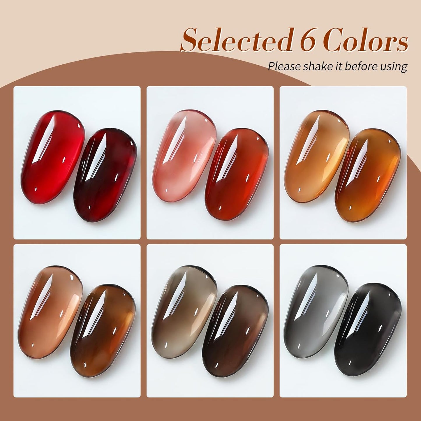 Born Pretty Jelly Gel Nail Polish Fall Winter Amber Crystal Brown Orange Burgundy Red Black Gel Polish Transparent Translucent Clear Nail Art Manicure DIY Home Salon 6PCS-Velvo Beauty