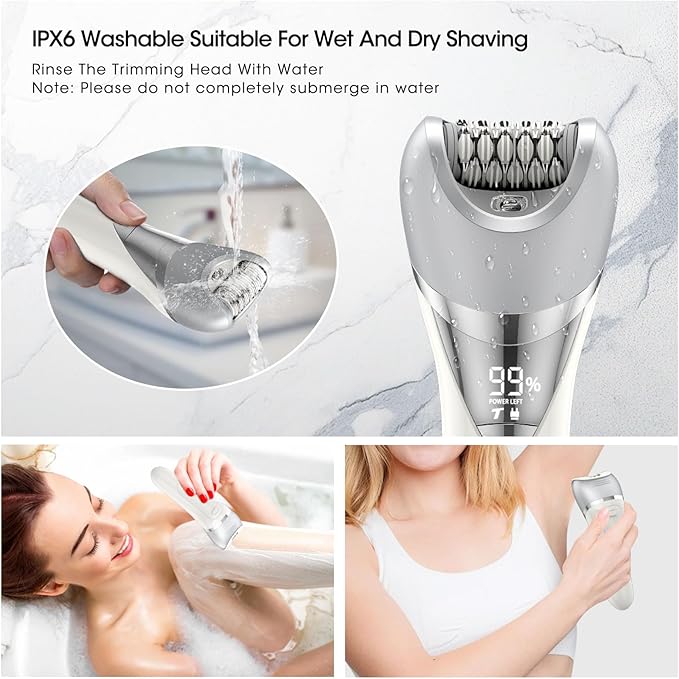 Epilator for Women, 7 in 1 Epilator Hair Removal for Women, Shaver, Bikini, Face Razor, Facial Brush, Face Massage and Body Exfoliator, IPX6 Waterproof Painless Lady Shaver Wet & Dry (White)-Velvo Beauty