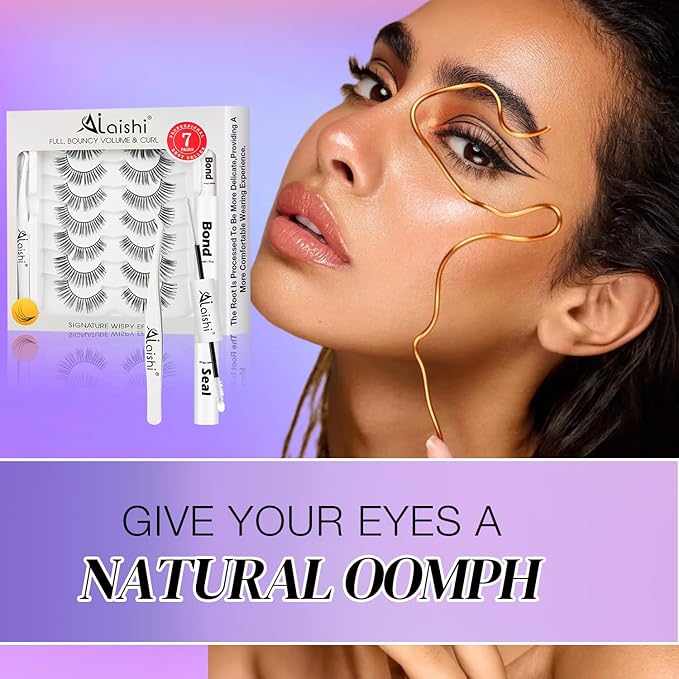 Wispy False Eyelashes Kit With Bond, Seal and Tweezer, 7 Pairs Natural Look Fake Cat Eye Lashes Strips Thin Band Extensions Waterproof Easy Eyelashes for Beginners DF1-Velvo Beauty