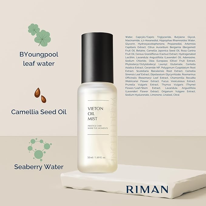 INCELLDERM Riman Vieton Oil Mist | 50ml | Bi-Phasic Hydration with Camellia Seed Oil & Seaberry Water | Korean Skincare Mist for Moisture, Balance & Radiance | Natural Facial Spritz Moisturizer-Velvo Beauty