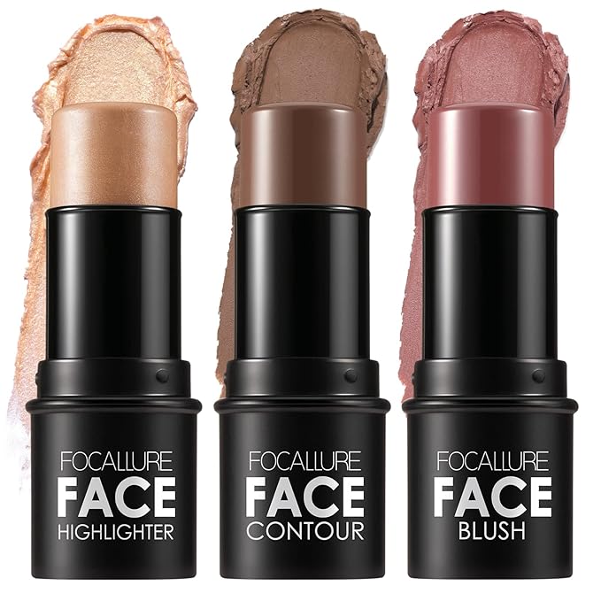 FOCALLURE 3 Pcs Cream Contour Sticks,Shades with Highlighter & Bronzer & Blush,Non-greasy Long-wear Face Contouring Pen,Easy to Sculpt the Face and Create a Lightweight Finishing Makeup,DEEP-Velvo Beauty