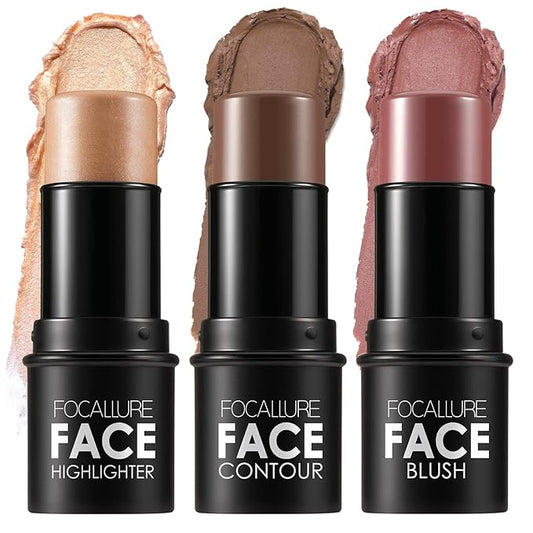 FOCALLURE 3 Pcs Cream Contour Sticks,Shades with Highlighter & Bronzer & Blush,Non-greasy Long-wear Face Contouring Pen,Easy to Sculpt the Face and Create a Lightweight Finishing Makeup,DEEP-Velvo Beauty