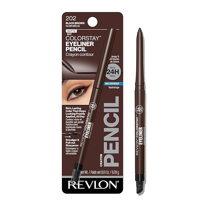 Revlon ColorStay Pencil Waterproof Eyeliner, Smudge-Proof, Eye Makeup with Built-In Sharpener, 202 Black Brown, 0.01 oz-Velvo Beauty