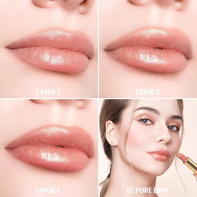 Oulac Nude Lipstick for Women with Metallic 3D Shine Lightweight Hydrating Formula, High Impact Lip Color, Vegan Beauty, Full Coverage Lip Makeup, Christmas Gifts for Women, Pure Envy(07)-Velvo Beauty