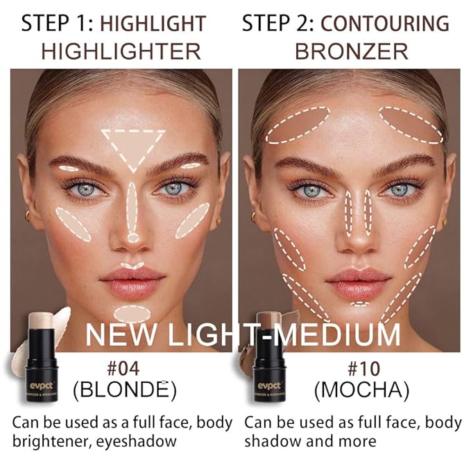 evpct 2Pcs Face Cream Contour Bronzer Sticks Makeup Highlighter Highlight Blonde Mocha Creme Cheek Contour Sticks contorno en crema Bronzing Foundation Face Contour Stick Kit,4+10 New Light-medium-Velvo Beauty