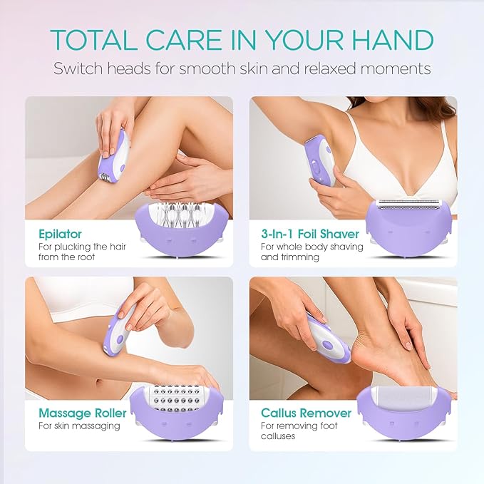 Epilator for Women-Cordless Epilators Hair Removal for Women, 4-in-1 Electric Razor Hair Remover, 2 Speeds & 21 Tweezers for Face Legs Arms Armpit Bikini, Purple HR310-Velvo Beauty