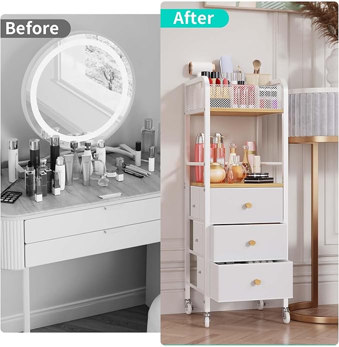 HapiRm Rolling Makeup Cart Organizer - Floor Skincare Make Up Storage with 3 Drawers, Vanity Organizer Cosmetic Display Cases Holder for Skin Care Perfume Nail Polish Brush Hair Tool-Velvo Beauty