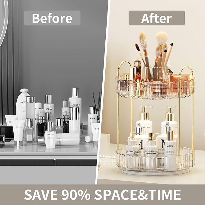 360° Rotating Makeup Organizer, Large-Capacity Skincare Make Up Storage 2 Tier Perfume Organizers Cosmetic Dresser Organizer with Makeup Brush Holder, Fits Bedroom, Bathroom, Vanity Shelf Countertop-Velvo Beauty