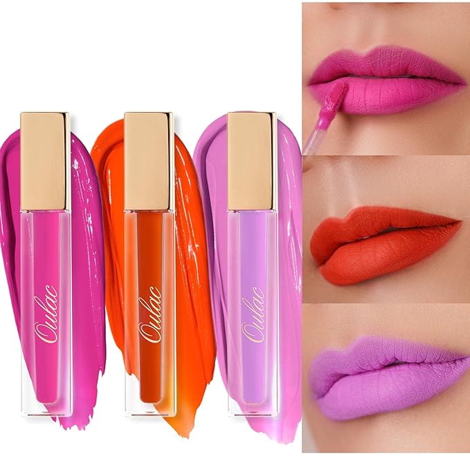 Oulac Pink Matte Lipstick Set for Women,Purple, Orange Lip Stain Long Lasting Waterproof, No Transfer, Creamy High Pigmented Formula with Rose Oil, Vegan & Cruelty-Free (M06+M07+M14)-Velvo Beauty