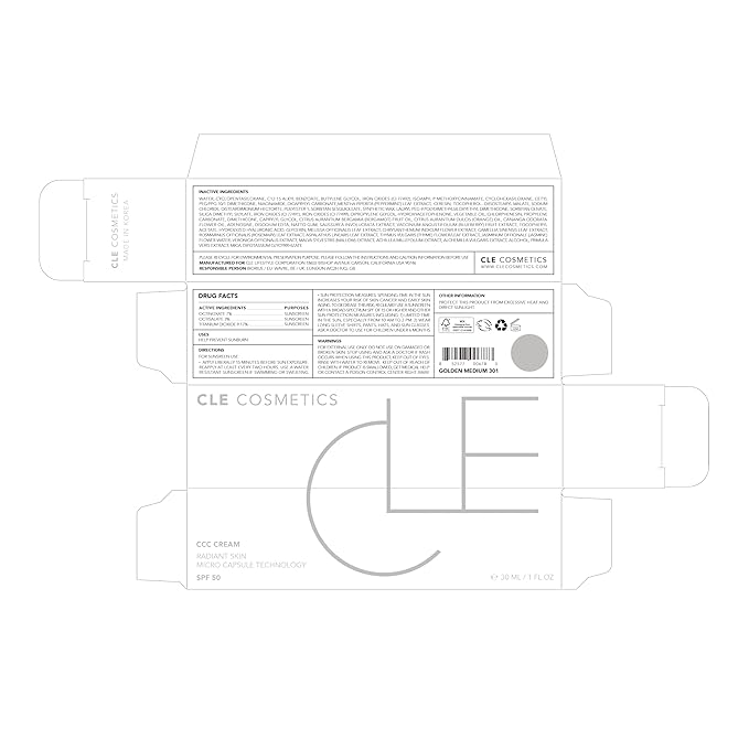 CLE Cosmetics CCC Cream (Golden Medium 301 / SPF 50) - Color Correcting CC Cream Hybrid with Sunscreen - Lightweight, Hydrating Light to Medium Coverage Foundation - 1 fl oz-Velvo Beauty