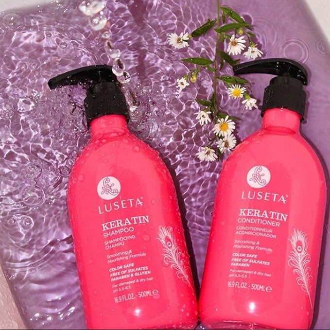 Luseta Keratin Shampoo Full + Travel Size Shampoo + Conditioner Set for Color Treated Damaged & Dry Hair, Keratin Hair Treatment for Smoothing& Nourishing (2x16.9 FL Oz + 2x1.01 FL Oz)-Velvo Beauty