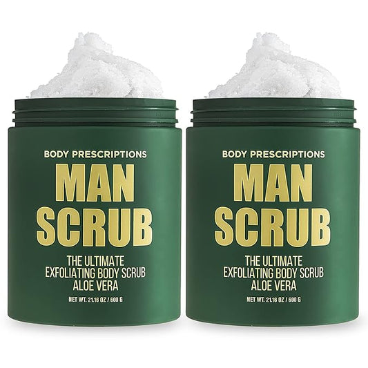 Body Prescriptions Men’s Exfoliating Body Scrub – Ultimate Skin Cleansing Wash in Jar with Twist-Top Lid, For All Skin Types, 21 Ounce (Pack of 2), Aloe Vera-Velvo Beauty