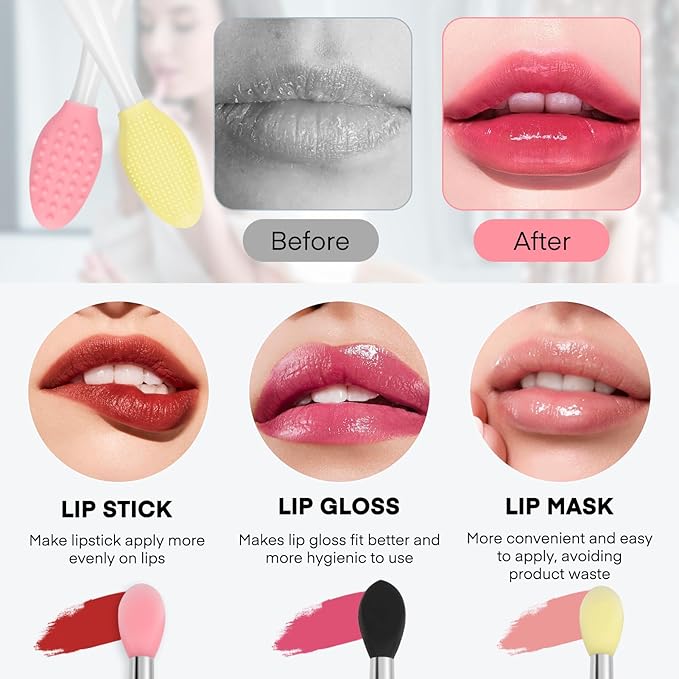 Unaone Lip Scrub Brush - 3 PCS Dual-ended Lip Scrubber Exfoliator and Silicone Lip Brush, 2-in-1 Silicone Lip Scrub Tool Lip Mask Applicator, Gentle Exfoliator & Applicator for Soft-Velvo Beauty