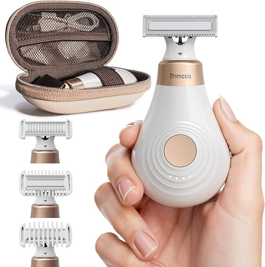 Mini Bikini Trimmer for Women - Intimate Pubic Hair Removal, Electric Body Groomer, Small Portable Wet/Dry Shaver, Magnetic Blade, USB-C Rechargeable with Travel Case, Easy to Clean (White)-Velvo Beauty