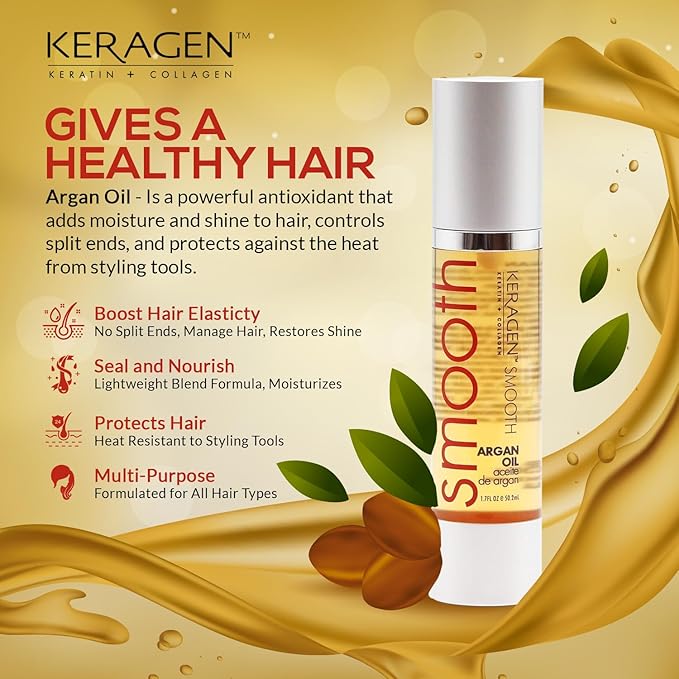 KERAGEN - Nourishing Hair Serum for Dry Damaged Hair - Argan Oil for Hair Treatment - Brilliant Shine, Heat Protection with Paraben, Phthalate and Sulfate Free Formula (1.7 Oz)-Velvo Beauty