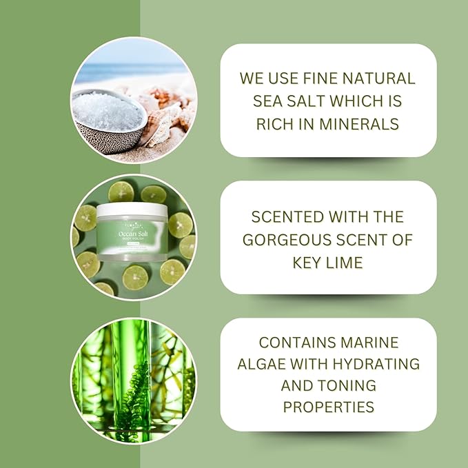 Sea Salt Body Scrub by Florida Suncare - Ocean Salt Body Polish Infused with Marine Algae - Exfoliating Face and Body Scrub - Facial Scrub Exfoliator to Tackle Acne (Key Lime, 3.3 oz)-Velvo Beauty