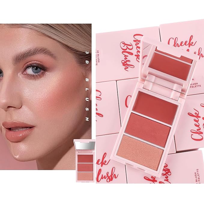 3D Blush Palette, Multi-Use Shimmery Contour Powder Palette Face Contour Cheeks Lightweight Smooth Blendable Blush Highlighter Powder Beauty, Natural Shimmery Or Matte Finish, #02 Orange-Velvo Beauty