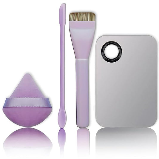 Makeup Brush Set - Flat Foundation Brush, Blender Sponge, Face Spatula, Puff & Heart-Shaped Mixing Palette with Leather Case – Complete Face Makeup Tool Kit for Blending, Foundation & Application-Velvo Beauty