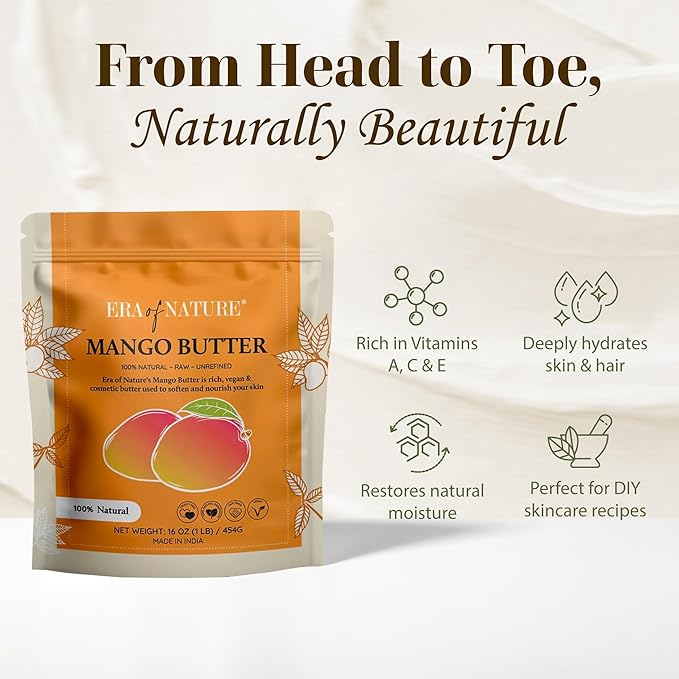 era of nature Organic Unrefined Raw Mango Body Butter Block 16oz - Moisturizing Mango Seed Raw Butter Bar for Skin & Hair, DIY Lip Balm Base, Cream, Soap & Lotion Making Supplies, Personal Skincare-Velvo Beauty