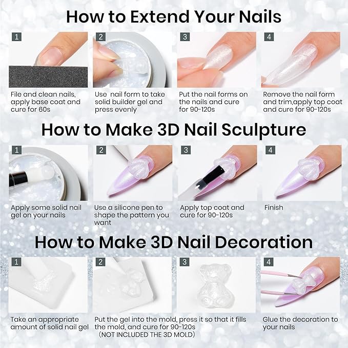 MIZHSE Solid Builder Gel for Nails Kit: 2PCS 30g 3D Pearl White & Clear Hard Gel for Nailswith Nail Forms 3D Silicone Mold Soak off U V LED Builder Gels for Extension Home Manicure-Velvo Beauty