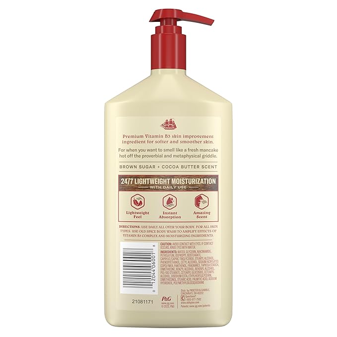 Old Spice Hand, Face & Body Lotion for Men, 24/7 Lightweight Moisturization with Vitamin B3, Instant Absorption, For All Skin Types, Brown Sugar + Cocoa Butter Scent, 16 oz-Velvo Beauty