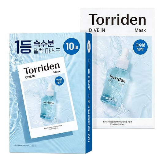 Torriden DIVE IN Hyaluronic Acid Facial Mask (10 sheets) | Extra Moisturizing Care | Hyaluronic Acid, Panthenol, Allantoin | Korean Face Mask-Velvo Beauty