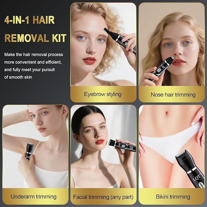 Electric Bikini Trimmer for Women,Led Power Display Removal for Body Nose Hair Trimmer Face Shavers Eyebrow Legs Armpit Bikini Area Pubic Underarms Rechargeable Portable 4 in 1 Womens Razors Set-Velvo Beauty