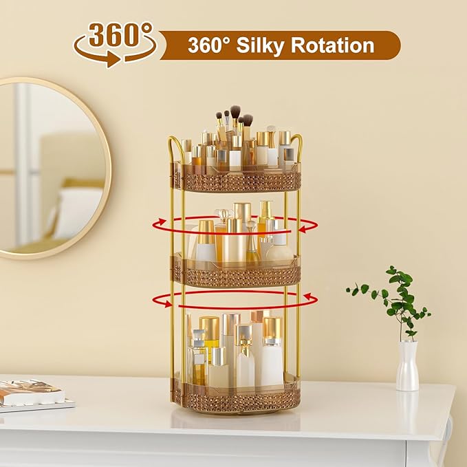 Rotating Makeup Organizer for Vanity 3 Tier, Perfume Organizer with Makeup Brush Holder, Large Capacity Cosmetics Clear Skincare Organizer for Countertop (Pink)-Velvo Beauty