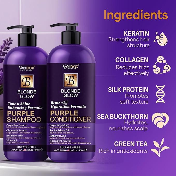 Sulfate Free Brass Toning Purple Shampoo and Conditioner Set for Blondes, Brown Highlighted, or Bleached Hair, Shampoo for Blondes Infused with Purple Rice Extract (16 fl oz each)-Velvo Beauty